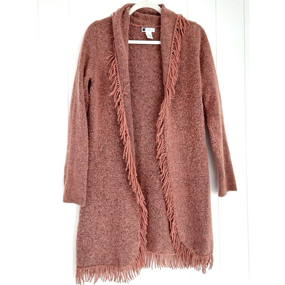 Carole Little Mauve Pink Knit Fringe Duster Cardigan Sweater Size Large Boho
